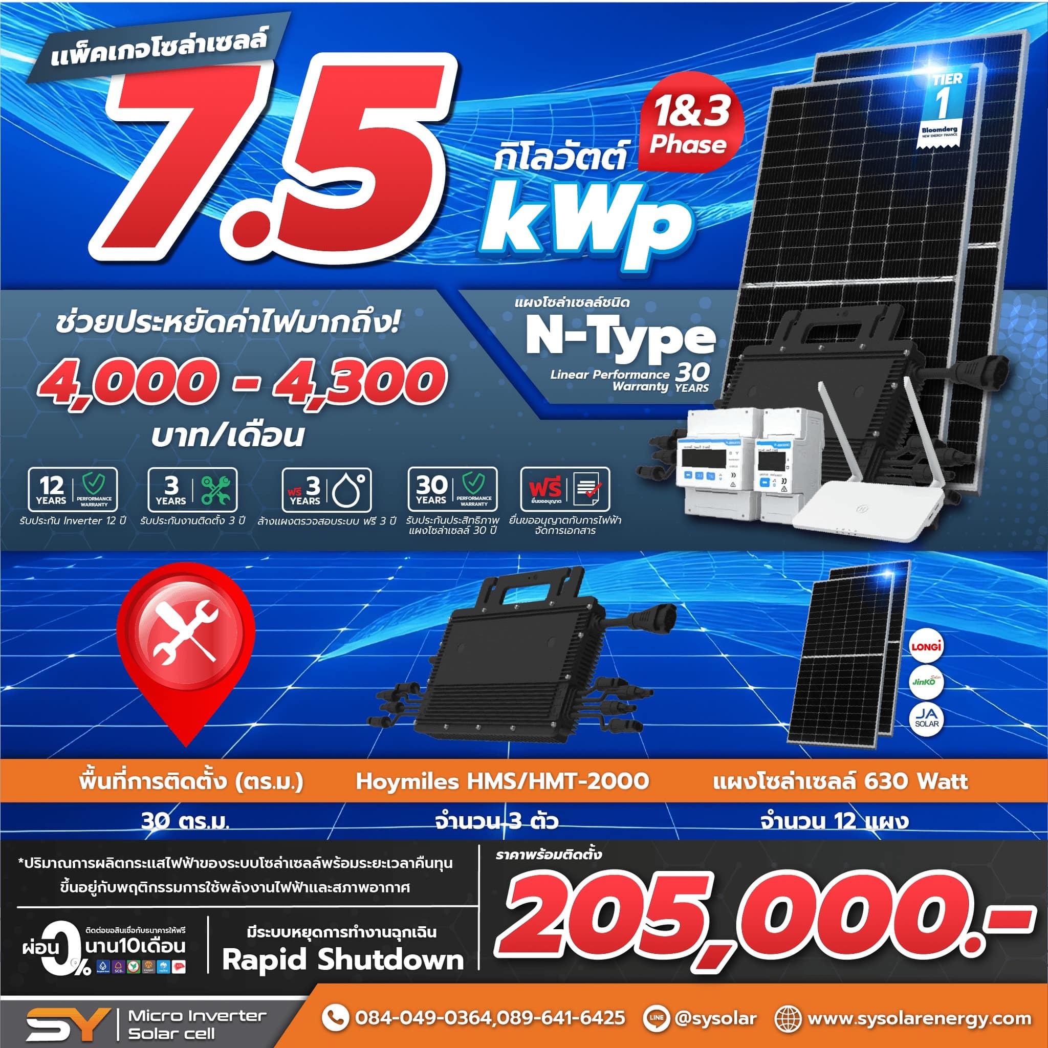 ชุดโซล่าเซลล์ Micro Inverter 7.5 kW พร้อมติดตั้ง