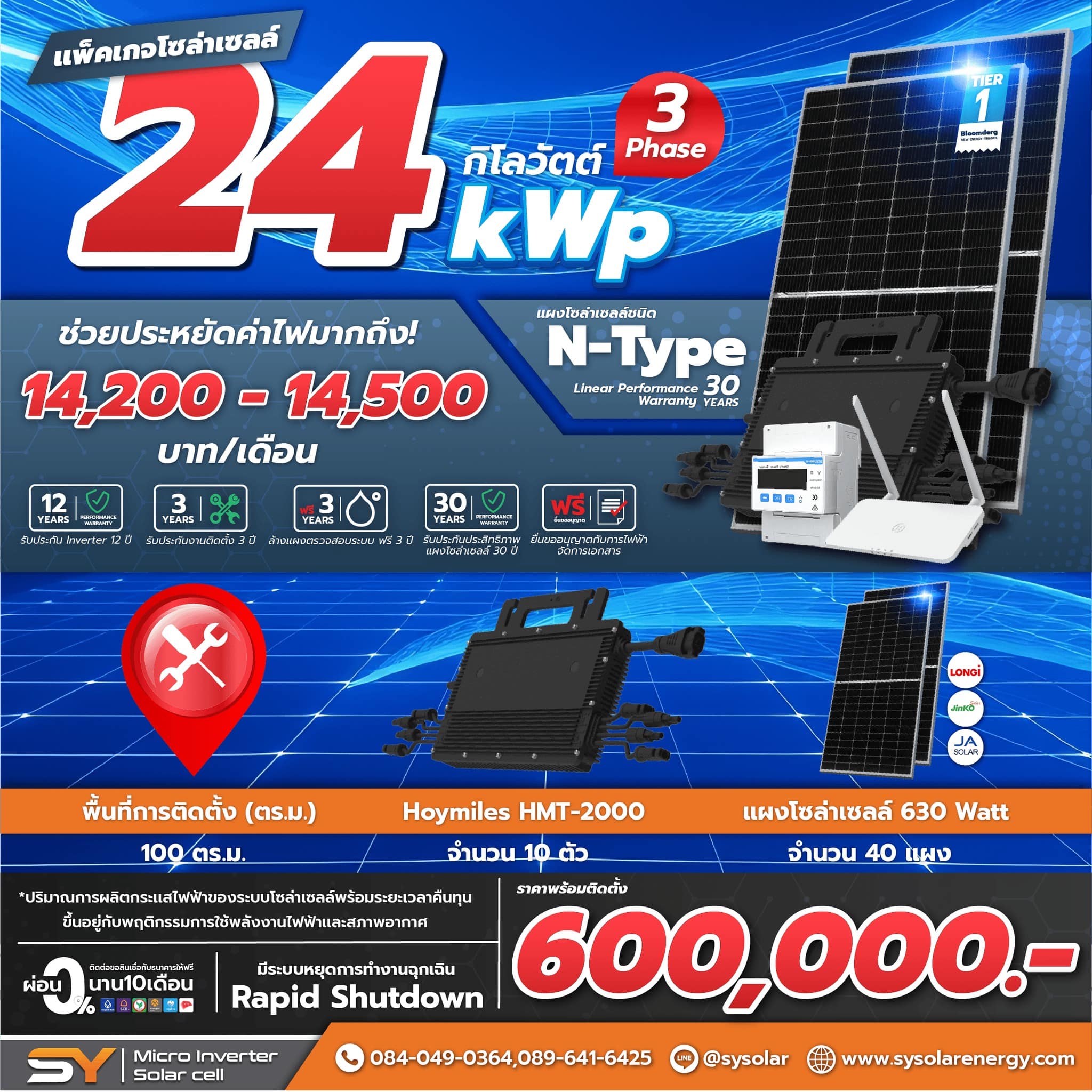 ชุดโซล่าเซลล์ Micro Inverter 24 kW พร้อมติดตั้ง