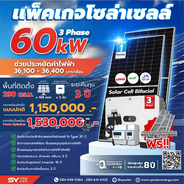 ชุดโซล่าเซลล์ String Inverter ขนาด 60 kW 3 Phase พร้อมติดตั้ง